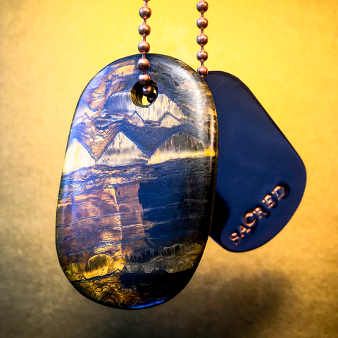 00015 Talisman in Agate with Quartz Crystals and Copper "LAKSHMI" Stamped Goddess Tag