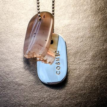 Talisman of Picasso-Marble (Picasso Stone) and Scratched Steel "NOT IN MY NAME" Stamped Goddess Tag Necklace