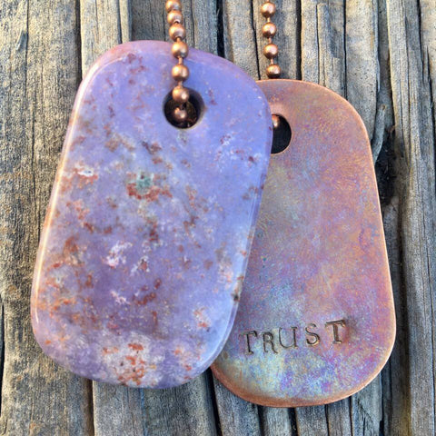 00004 Amethyst Crystal and Copper "Love" Stamped Goddess Tag Necklace
