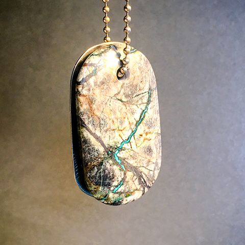 Talisman of Chrysoprase and Copper "RELEASE" Stamped Goddess Tag Necklace
