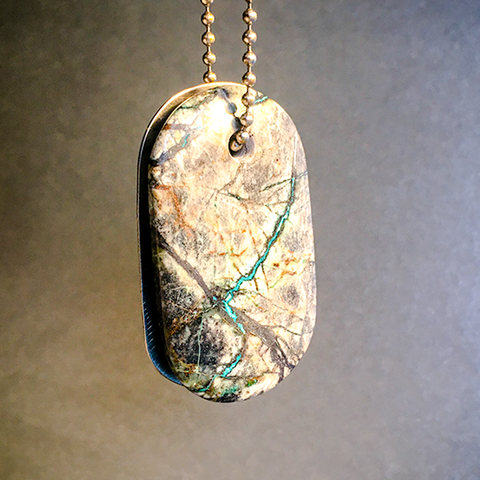 Talisman of Green Agate and Quartz and Silver "BLISS" Stamped Goddess Tag Necklace