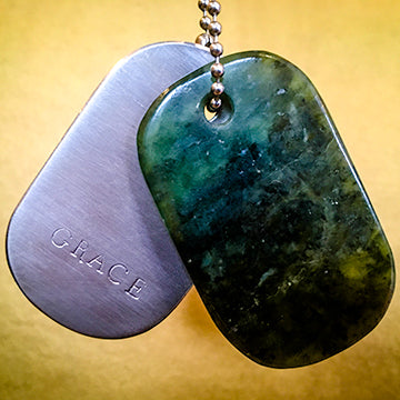 00014 Talisman of Blue Pietersite (Tempest Stone) and Silver Custom Stamped Goddess Tag Necklace