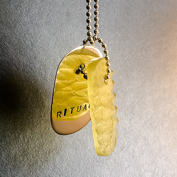 Talisman of Yellow Glass with Neolithic technology Flintknapping and Silver "RITUAL" Stamped Goddess Tag Necklace