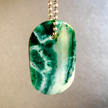 Talisman of Chrysoprase and Copper "RELEASE" Stamped Goddess Tag Necklace