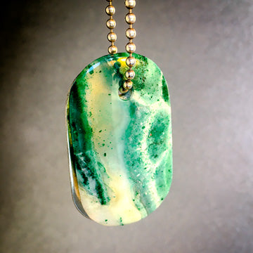 Talisman of Green Agate and Quartz and Silver "BLISS" Stamped Goddess Tag Necklace dog tag necklace crystal pendant