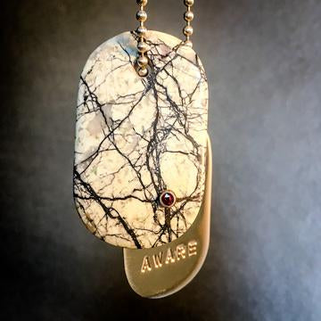 Talisman of Howlite and Garnet Jewel with Silver Custom Stamped Goddess Tag Necklace