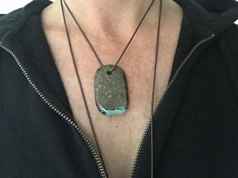 00015 Talisman in Agate with Quartz Crystals and Copper "LAKSHMI" Stamped Goddess Tag