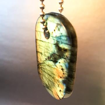 00015 Talisman in Agate with Quartz Crystals and Copper "LAKSHMI" Stamped Goddess Tag