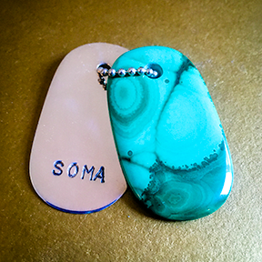 Talisman of Malachite and Silver "SOMA" Stamped Goddess Tag Necklace