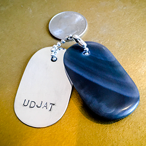 Talisman of Rainbow Obsidian and Silver "UDJAT" Stamped Goddess Tag Necklace