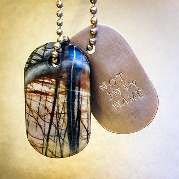 Talisman of Green Agate and Quartz and Silver "BLISS" Stamped Goddess Tag Necklace