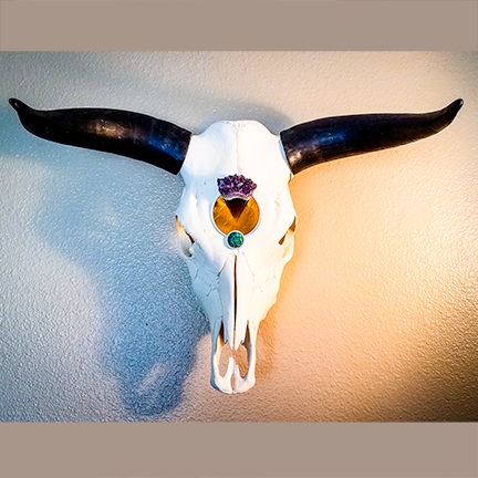 Cow Skull with Stone Intarsia Design in Amethyst geode, yellow glass and Botryoidal Malachite