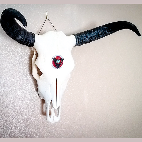 Cow Skull with Black Granite, Turquoise, Red Fiber Optic Glass and Aluminum