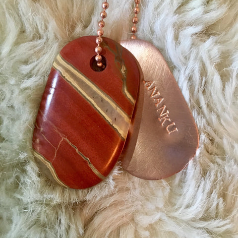 Talisman of Picasso-Marble (Picasso Stone) and Scratched Steel "NOT IN MY NAME" Stamped Goddess Tag Necklace