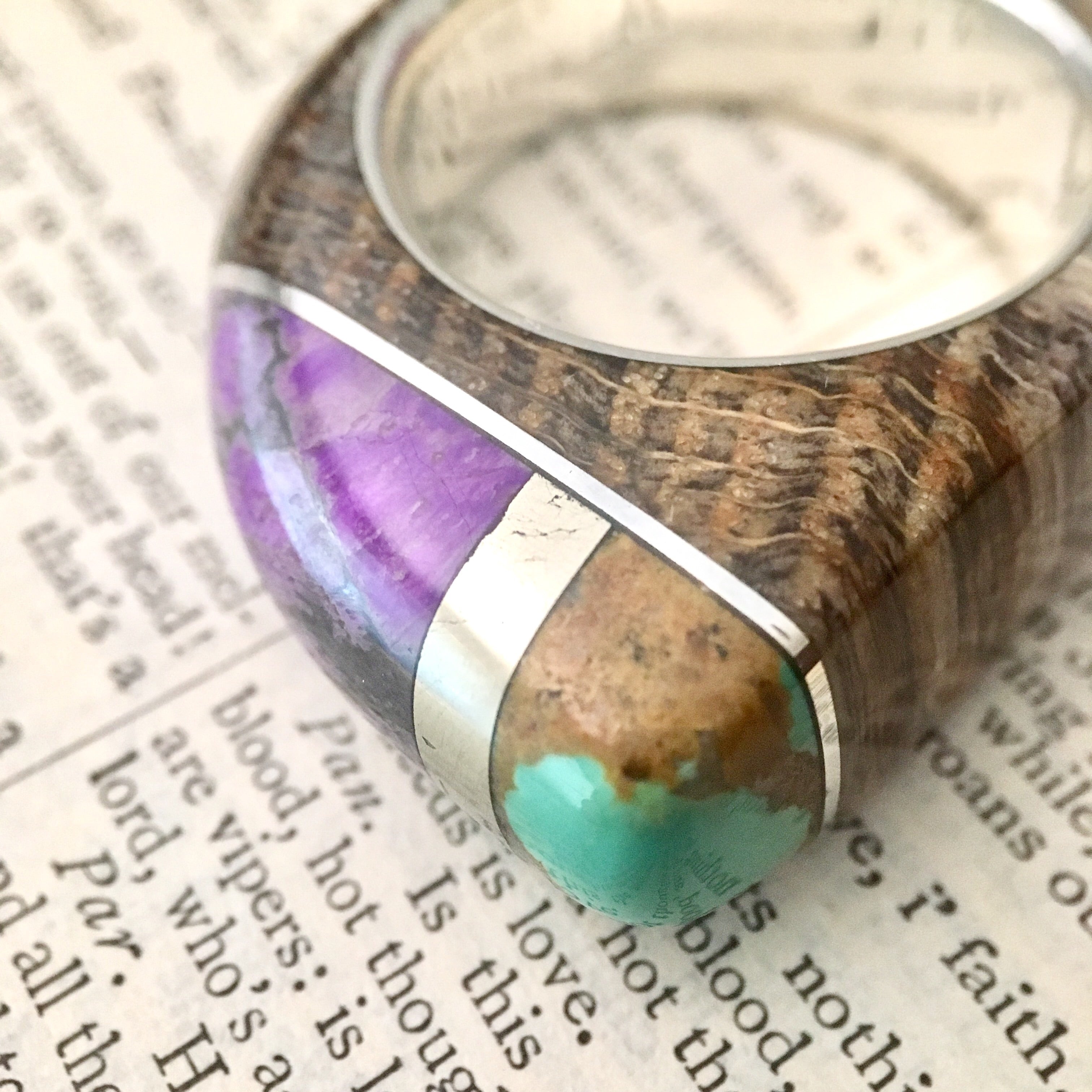 Talismanic Stone Ring in Petrified Wood, Turquoise, Hematite, Sugilite and Silver Size 14.5