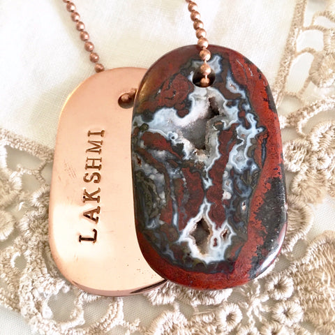 00001 Talisman Iridescent Shamanite (Black Calcite) with Druzy and Sterling Silver "FEARLESS" Goddess Tag Necklace