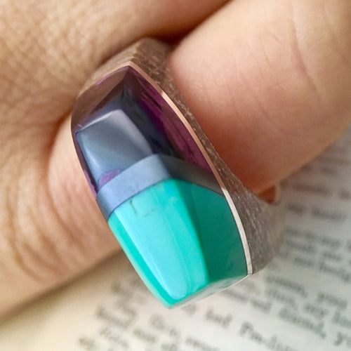 Petrified Wood, Turquoise, Hematite, Sugilite and Silver Ring Size 12 1/2