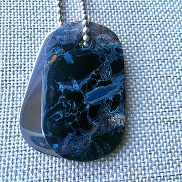 00014 Talisman of Blue Pietersite (Tempest Stone) and Silver Custom Stamped Goddess Tag Necklace