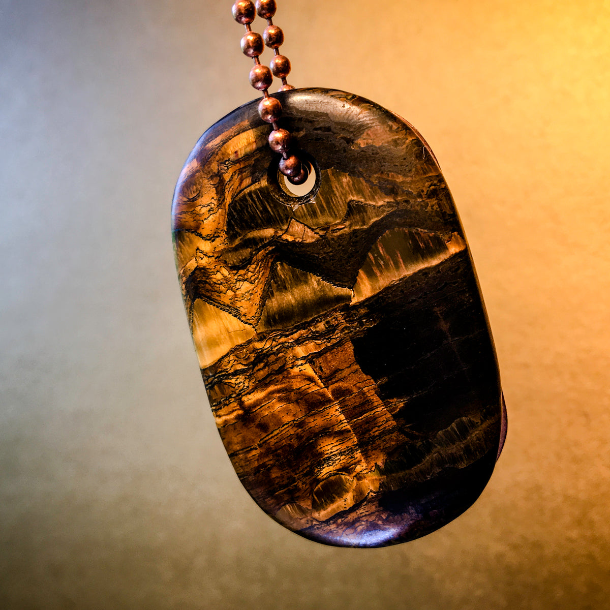 Talisman of Tigers Eye and Copper "Sacred" Stamped Goddess Tag Necklace