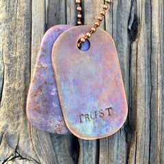 00003 Talisman Purple Agate and Copper "Trust" Goddess Tag Necklace