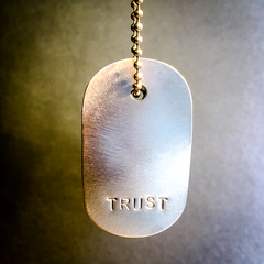 Talisman of Azurite and Malachite in Matrix with "TRUST" Stamped in Scratched Steel Goddess Tag Necklace