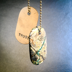 Talisman of Azurite and Malachite in Matrix with "TRUST" Stamped in Scratched Steel Goddess Tag Necklace