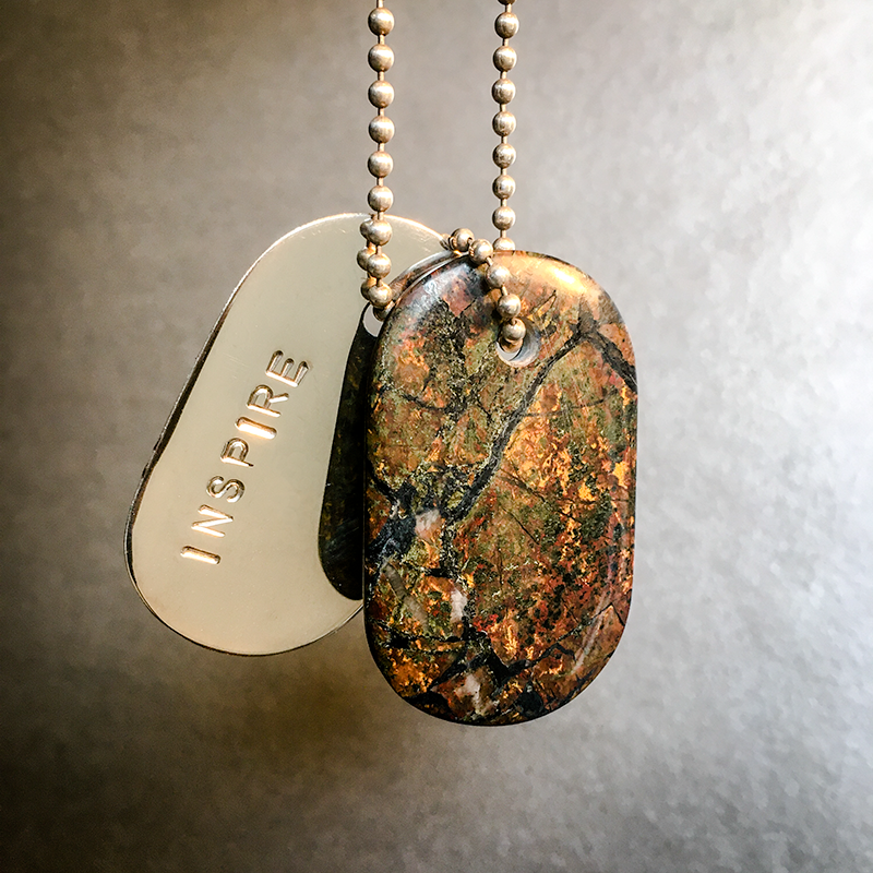 Talisman of Blue Jasper and Silver "INSPIRE" Stamped Goddess Tag Necklace crystal dog tag