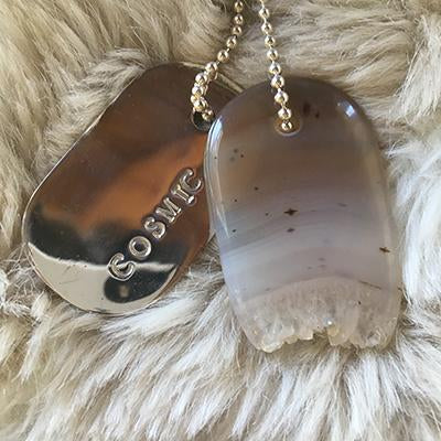 Talisman of Agate with Quartz Crystal and Silver "COSMIC" Stamped Goddess Tag Necklace Boho couture crystal  dog tag feminine