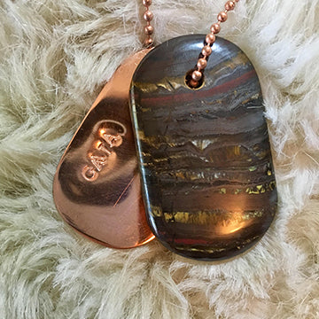 Talisman of Serpentine with Native Copper in Matrix and Copper Custom Stamped Goddess Tag Necklace
