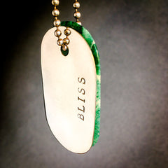 Talisman of Green Agate and Quartz and Silver "BLISS" Stamped Goddess Tag Necklace dog tag necklace crystal pendant