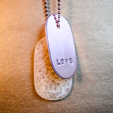 Talisman of Honeycomb Calcite and "LOVE" Stamped in Copper Goddess Tag Necklace crystal dog tag pendant