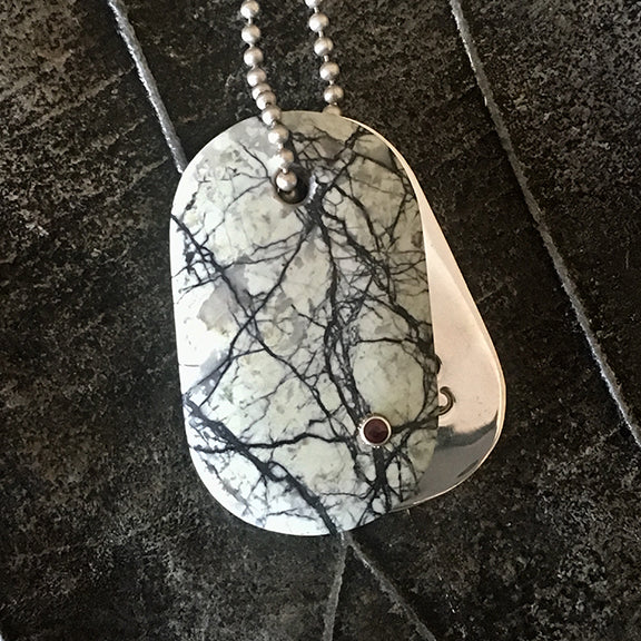 Talisman of Howlite and Garnet Jewel with Sterling Silver Custom Stamped Goddess Tag boho dog tag couture