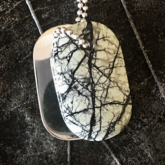 Talisman of Howlite and Garnet Jewel with Sterling Silver Custom Stamped Goddess Tag boho dog tag couture