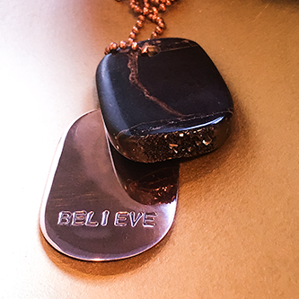 Talisman Iridescent Shamanite (Black Calcite) with Druzy and Copper "BELIEVE" Goddess Tag Necklace crystal dog tag pendant