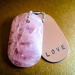 Talisman of Rose Quartz and Silver "LOVE" Stamped Goddess Tag Necklace