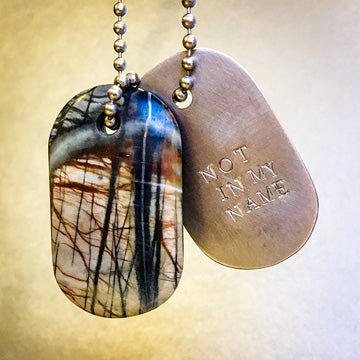 Talisman of Picasso-Marble (Picasso Stone) and Scratched Steel "NOT IN MY NAME" Stamped Goddess Tag Necklace crystal dog tag