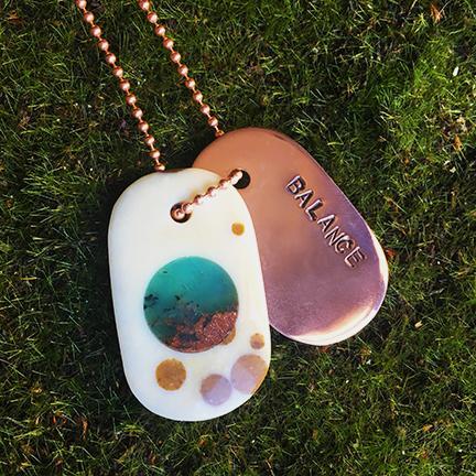 Talisman Polka Dot Agate with Chrysoprase and Copper "BALANCE" Stamped Goddess Tag dog tag necklace crystal pendant