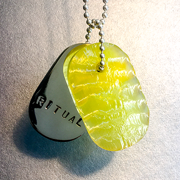 Talisman of Yellow Glass with Neolithic technology Flintknapping and Silver "RITUAL" Stamped Goddess Tag Necklace
