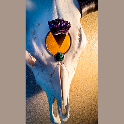 Cow Skull with Stone Intarsia Design in Amethyst geode, yellow glass and Botryoidal Malachite