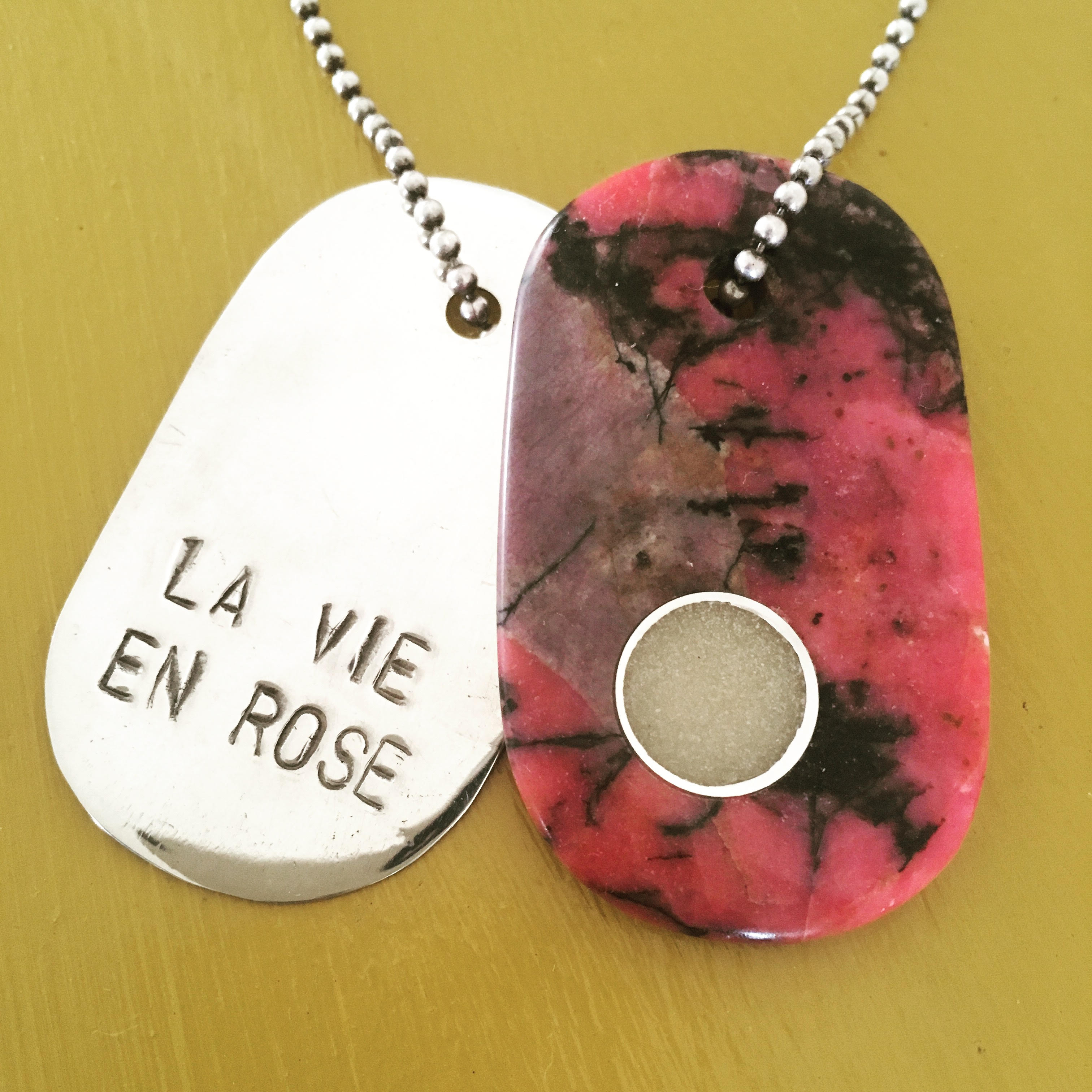 00016 Talisman of Rhodonite, Custom Breastmilk and Sterling Silver "LA VIE EN ROSE" Goddess Tag Necklace