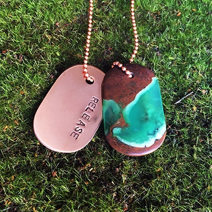 Talisman of Chrysoprase and Copper Stamped Goddess Tag Necklace dog tag boho chunky jewelry couture