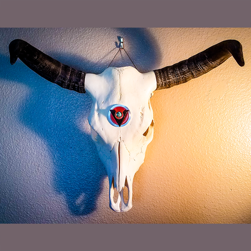 Cow Skull with Black Granite, Turquoise, Red Fiber Optic Glass and Aluminum