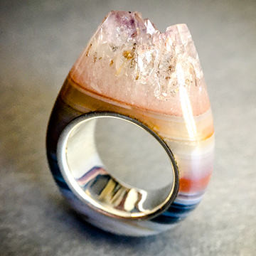 Petrified Wood, Turquoise, Hematite, Sugilite and Silver Ring Size 12 1/2