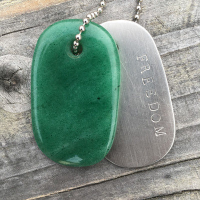 00010 Talisman of Green Jasper and Steel "Serenity" Goddess Tag Necklace