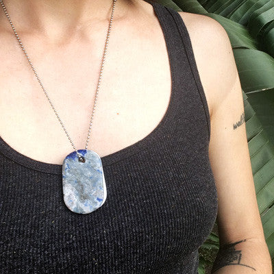 00006 Talisman Sodalite and Steel "Relative" Goddess Tag Necklace