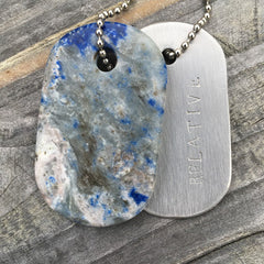 00006 Talisman Sodalite and Steel "Relative" Goddess Tag Necklace