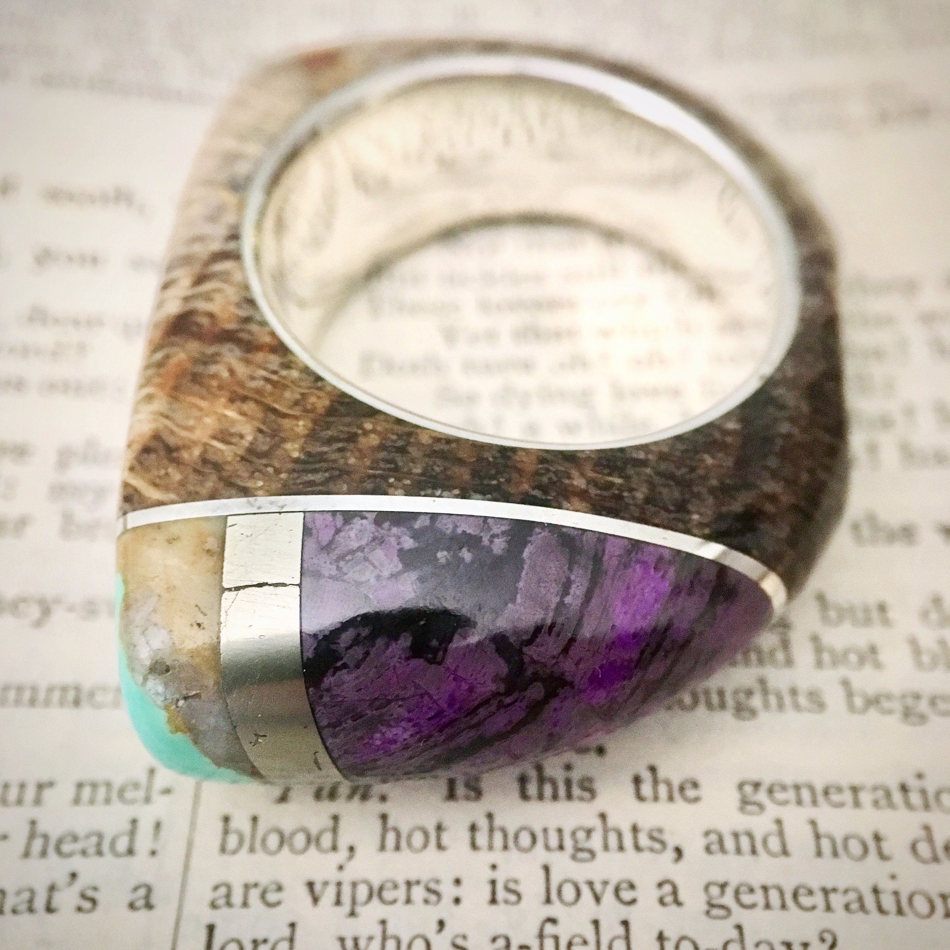 Talismanic Stone Ring in Petrified Wood, Turquoise, Hematite, Sugilite ...