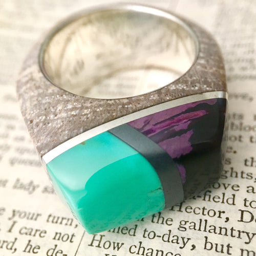 Petrified Wood, Turquoise, Hematite, Sugilite and Silver Ring Size 12 1/2