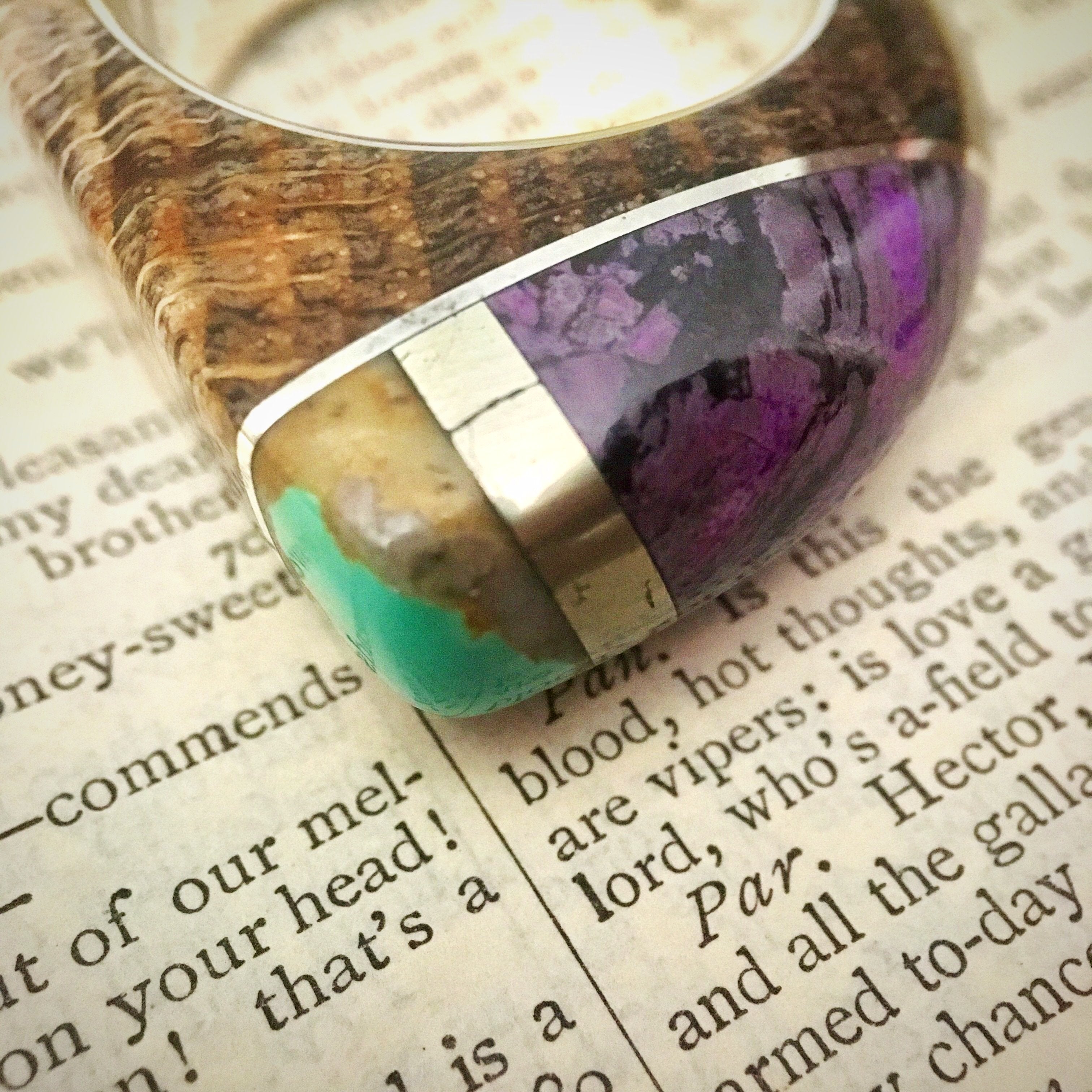 Talismanic Stone Ring in Petrified Wood, Turquoise, Hematite, Sugilite and Silver Size 14.5