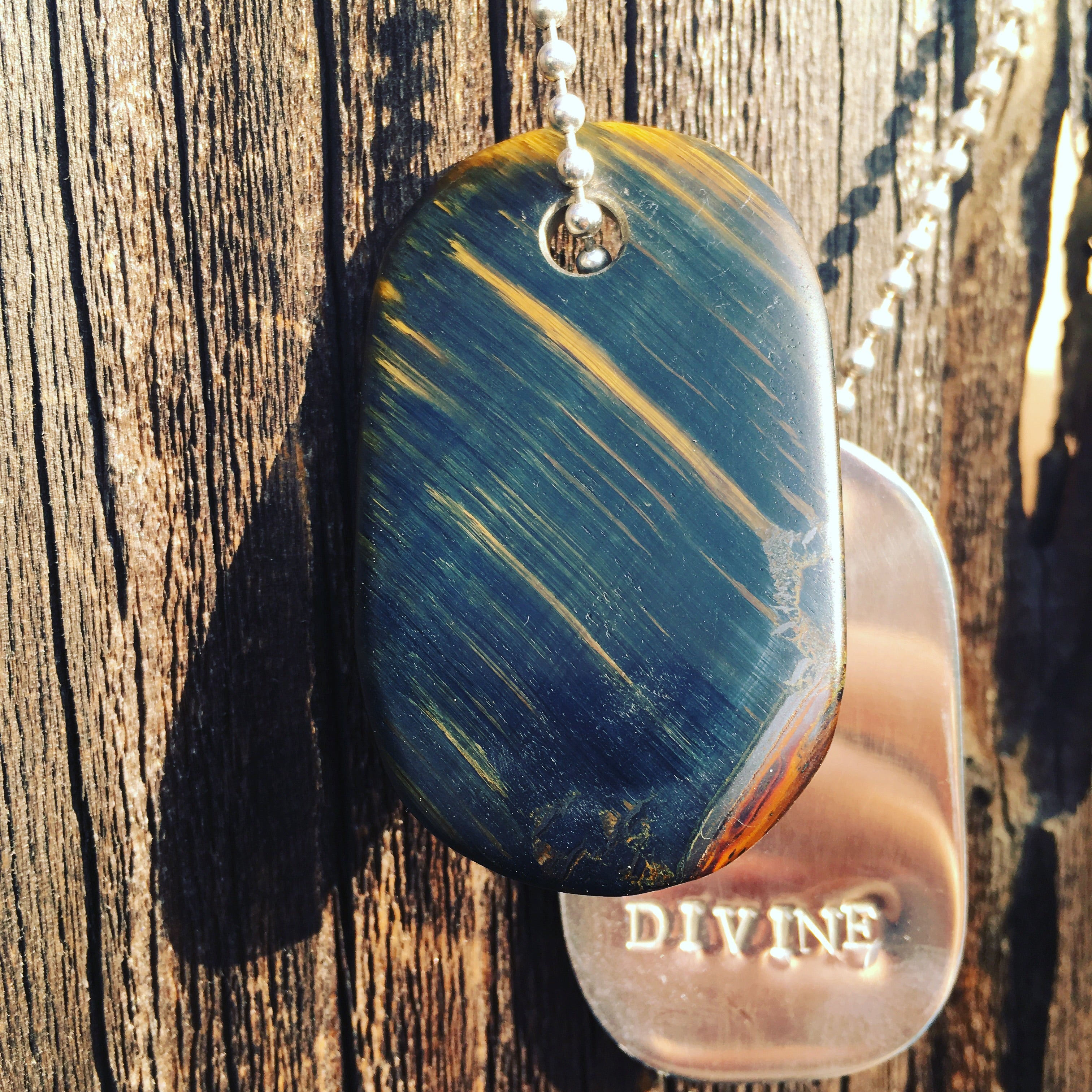 00017 Talisman in Blue Tigers Eye and Silver "Divine" Goddess Tag Necklace